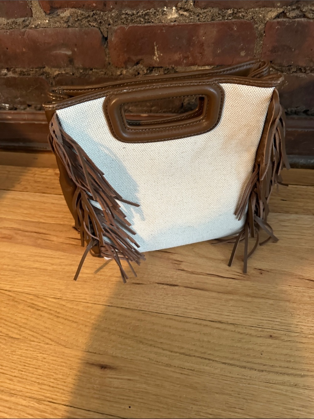 Maje Cream Canvas Tote with Brown Fringe Trim